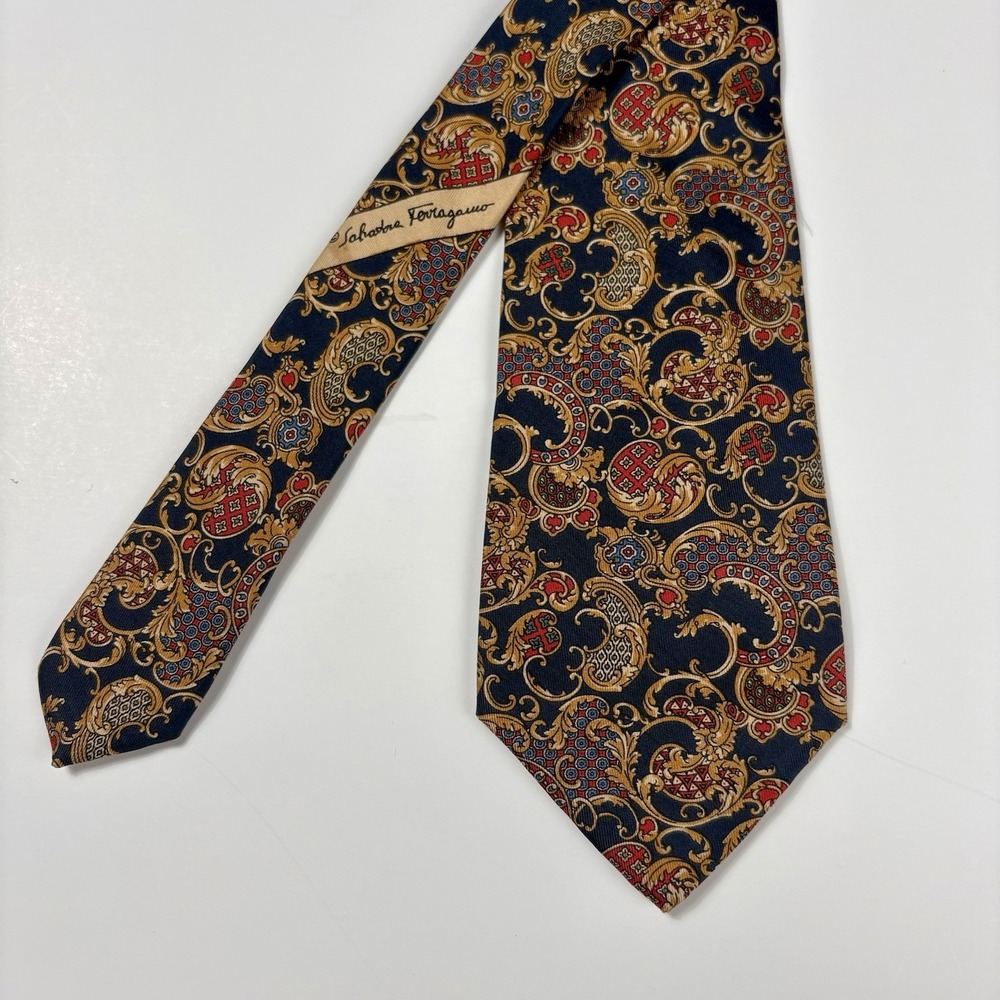 Vintage Salvatore Ferragamo 100% Silk Tie Baroque Heraldic Old Money Navy Gold